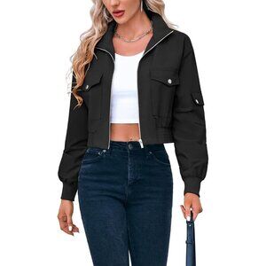 Women's Black Short Bomber Jackets Stand Collar Zip Up Long Sleeve Lightweight